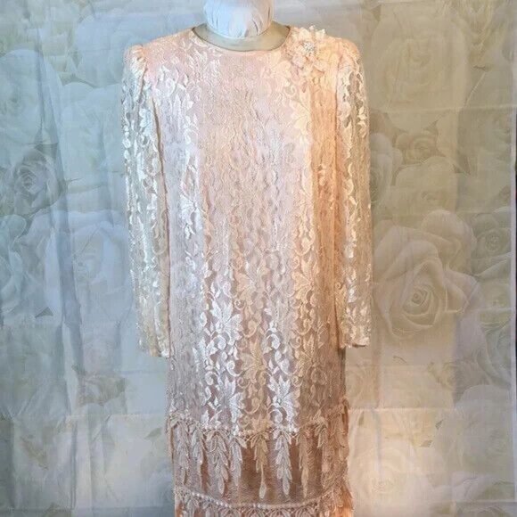 Jill Robbins Formal Maxi Dress Peach Lace Overlay Tiered Long Sleeve Medium - Picture 8 of 8